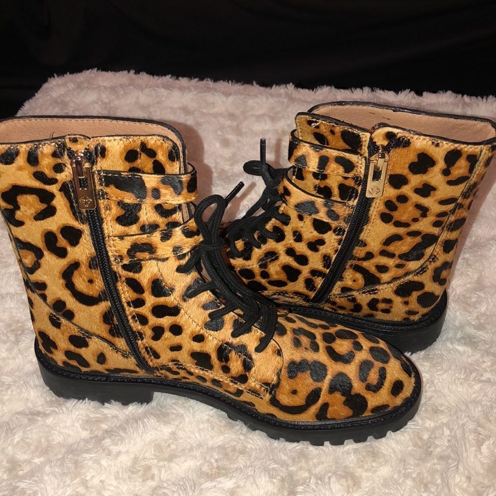 Antonio Melani Mob Wife Combat Hiking Chunky Calf Hair Cheetah Boots Zipper Buck